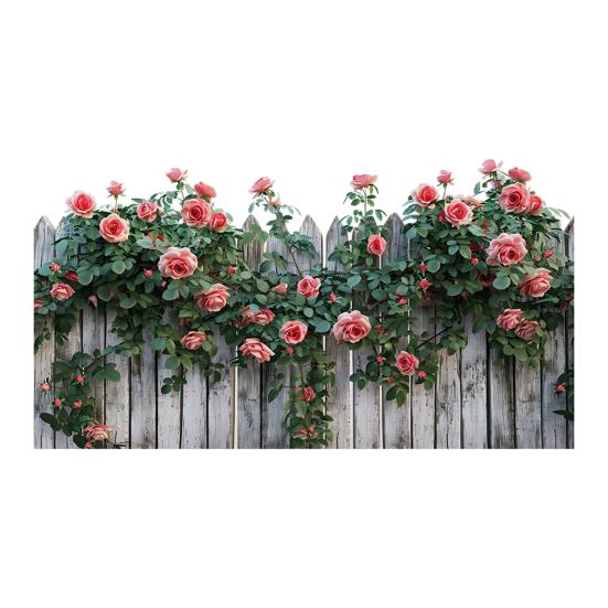Fence Rose Bush Wall Sticker Removable Waterproof PVC Red Flower Pattern Sticker Home Office Living Room Bedroom Wall Decoration Decal