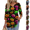 Women's Casual V-Neck Three-Quarter Sleeve Blouse with Halloween Print for Fall Parties
