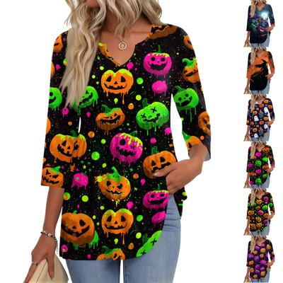 Women's Casual V-Neck Three-Quarter Sleeve Blouse with Halloween Print for Fall Parties