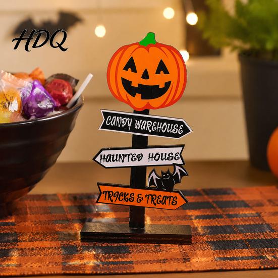 Halloween Atmosphere Props Wooden Sign Decoration DIY Ghost Pumpkin Bat Tabletop Ornament with Party Centerpieces Spooky Slogans Rustic for