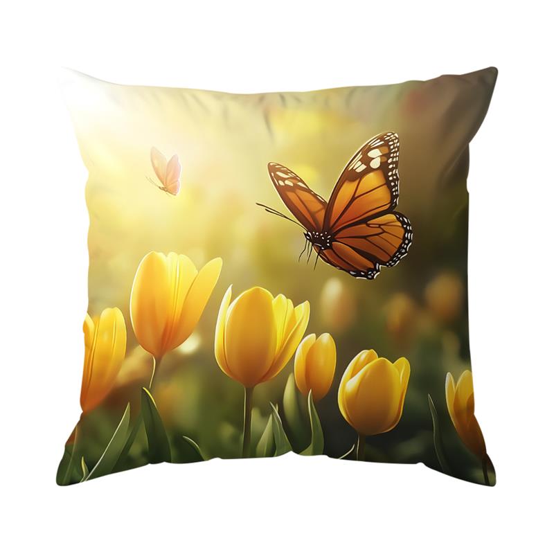 1Pc Butterfly And Tulips Pillow Cover For Home Living Room Bedroom Sofa Office Decorative Pillowcase Soft Throw Pillows 45X45Cm