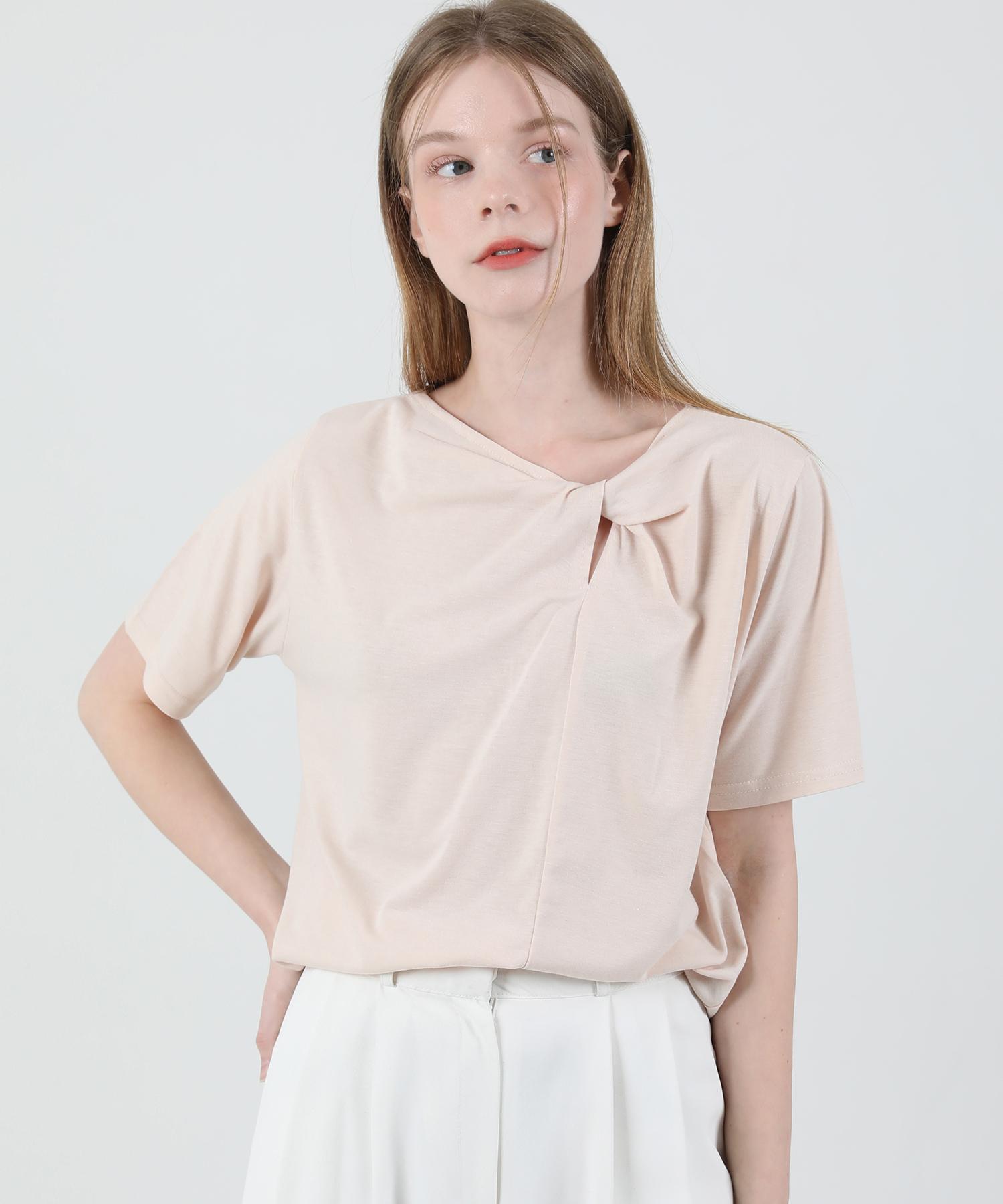 Kathrin Modern Slit Shirred Short Sleeve T-Shirt (Beige) Beige