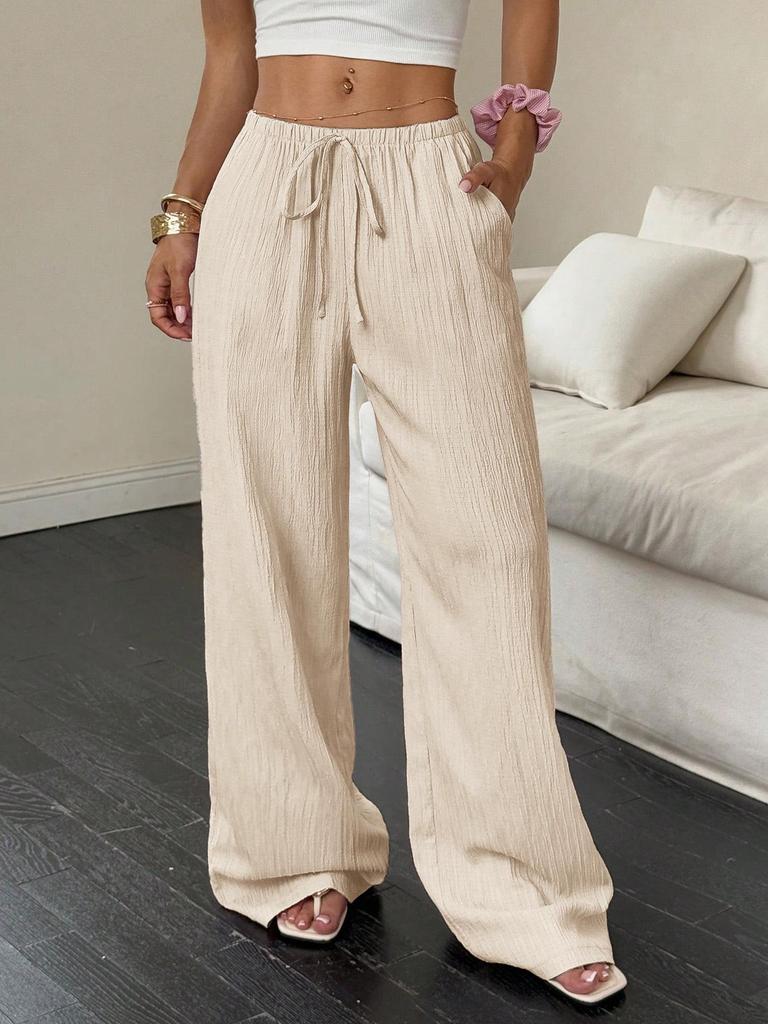 2026 Women's Casual Wide-Leg Pants with Knot Waist and Textured Fabric