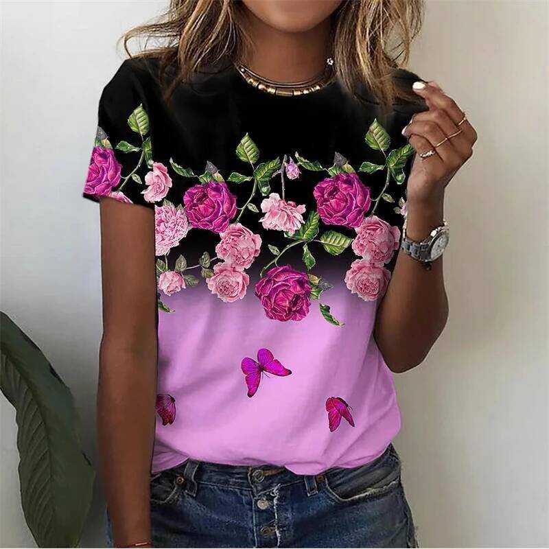 New Women s T-Shirt with 3D Flower Print Summer Short Sleeve M