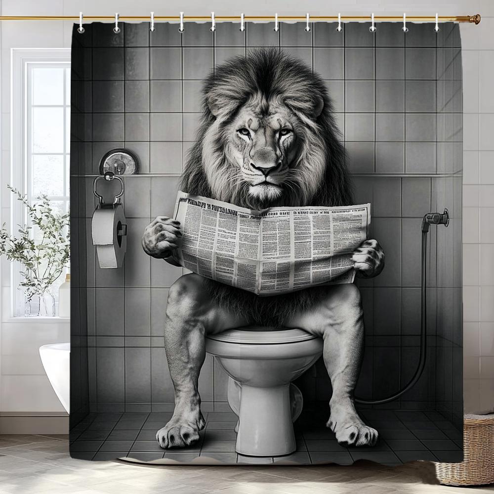 

Funny Lion Reading A Newspaper Print Shower Curtain, Polyester Shower Curtain With Hooks For Bathroom Decorative Shower Curtain W60H190(CM)-1 Pcs