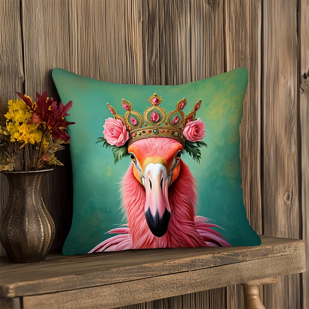 2D Flat-Royal Pink Flamingo Crown Rose Throw Pillow Cover Vintage Teal Luxury Decorative Cushion Case For Home Bedroom