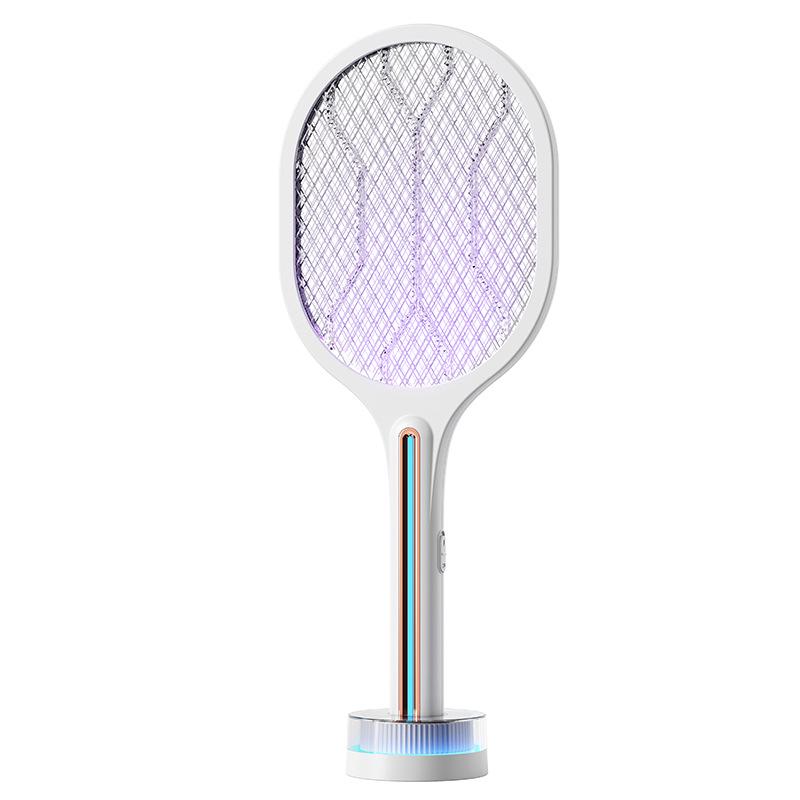 Rechargeable Electric Mosquito Swatter & Lamp with Wall-Mounted Charger and Automatic Luring Repellent.