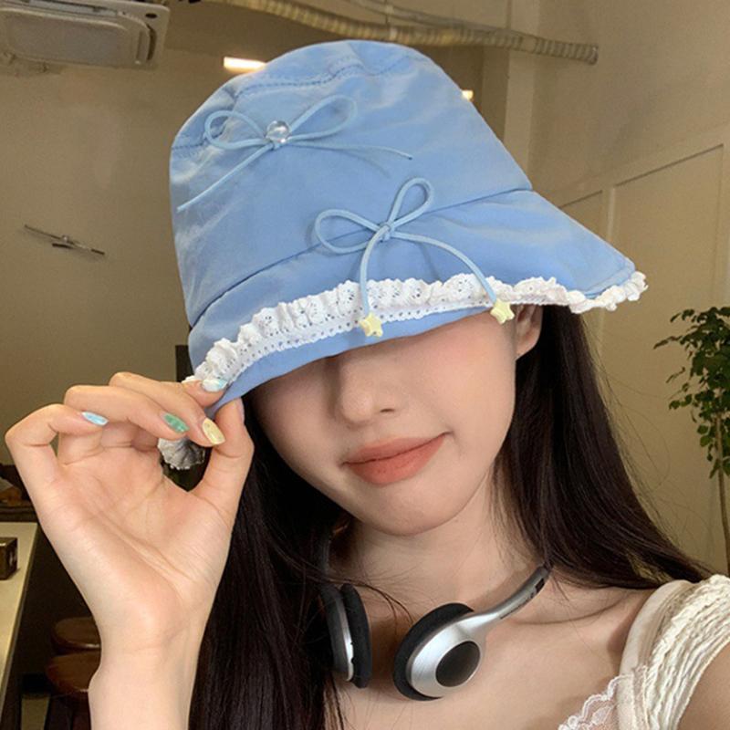Sweet Lace Bow Bucket Hat for Women Girls Cotton Bowknot Star Fisherman Cap Korean Y2K Basin Hat Outdoor Travel Holiday Sun Hats