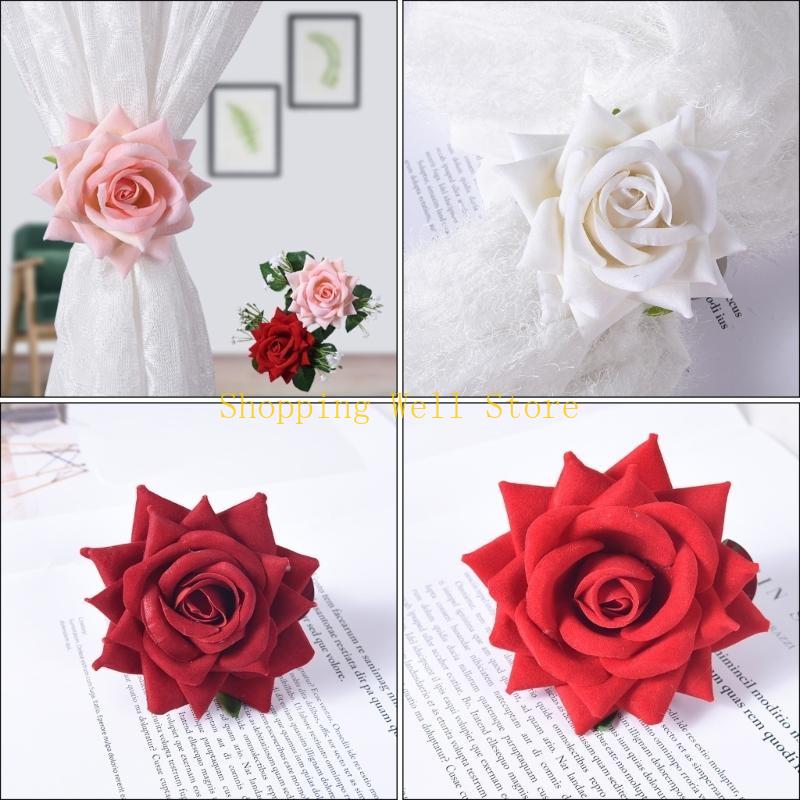 KX4B Florals Curtain Tiebacks Clasps 4 Pack Artificial Rose Flower Drapery Holdbacks Clips Window Drapes Holders Clamp