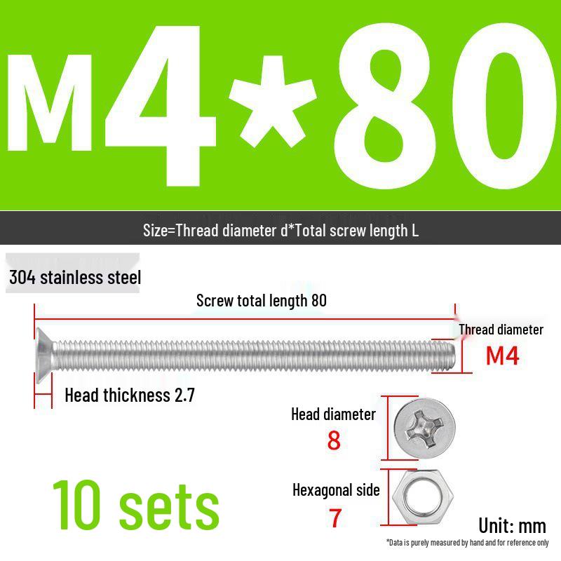 304 Stainless Steel Extra Long Phillips Flat Head Screws and Nuts Set (2M, 3M, 4M)