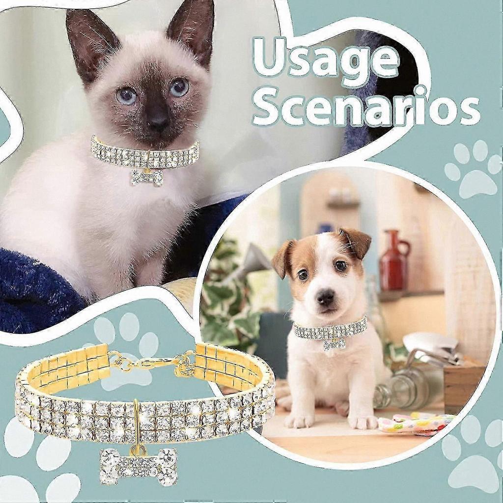 Strasskatzenhalsband mit Anhänger, verstellbares Bling-Kristall-Diamant-Haustierhalsband für Katzen und kleine Hunde (Gold)