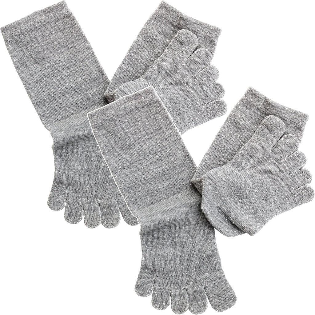 Hiorie Japanese-Made Anti-Cold Socks, Silk Inner, Cotton Outer, Mid-Length, Five-Toe Silk Socks, Set of 2, Heather Light Gray