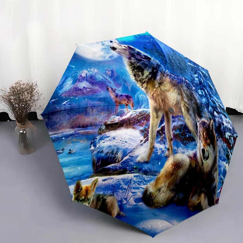 1 Stück Wolfsmuster Regenschirm Tragbarer Faltregenschirm Eisenrahmen Lochknochenstruktur Outdoor Heimregenschirm
