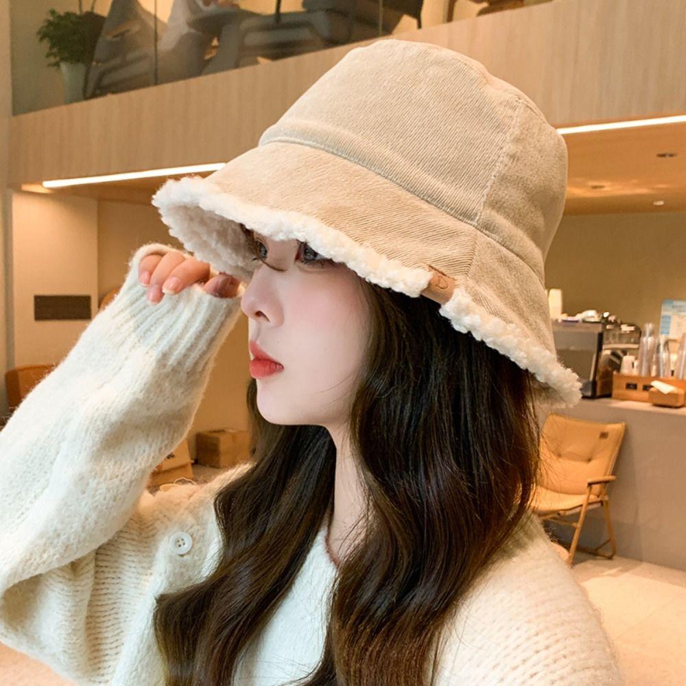 Casual Lamb Wool Bucket Hat Sun Protection Female Hats Winter Soft Plush Fishman Hat  Girl