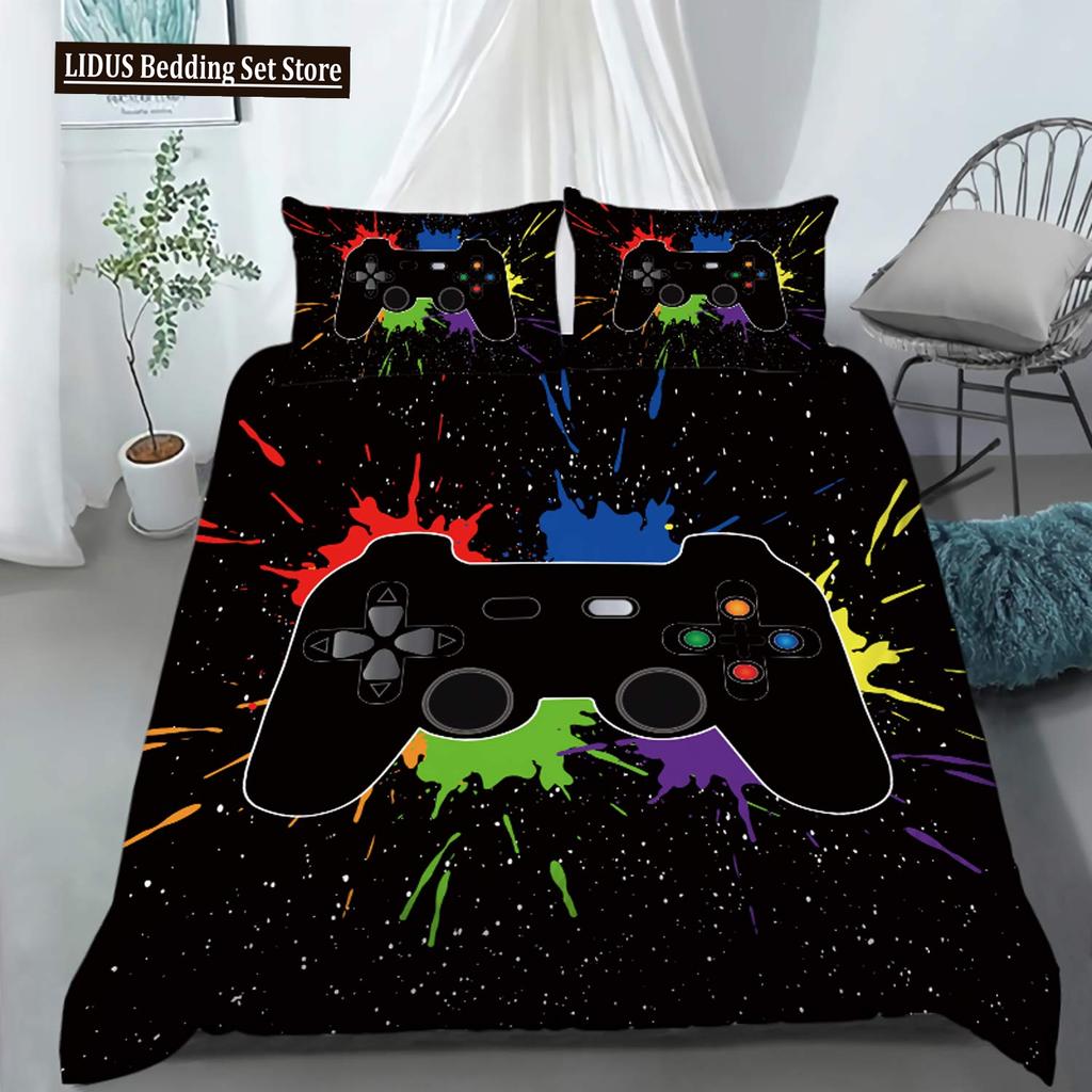 Gamer Duvet Cover Set Rotating Music Comforter Cover Gamepad Gaming Bedding Set For Boys Headphone Bedspreads Cover Queen Size