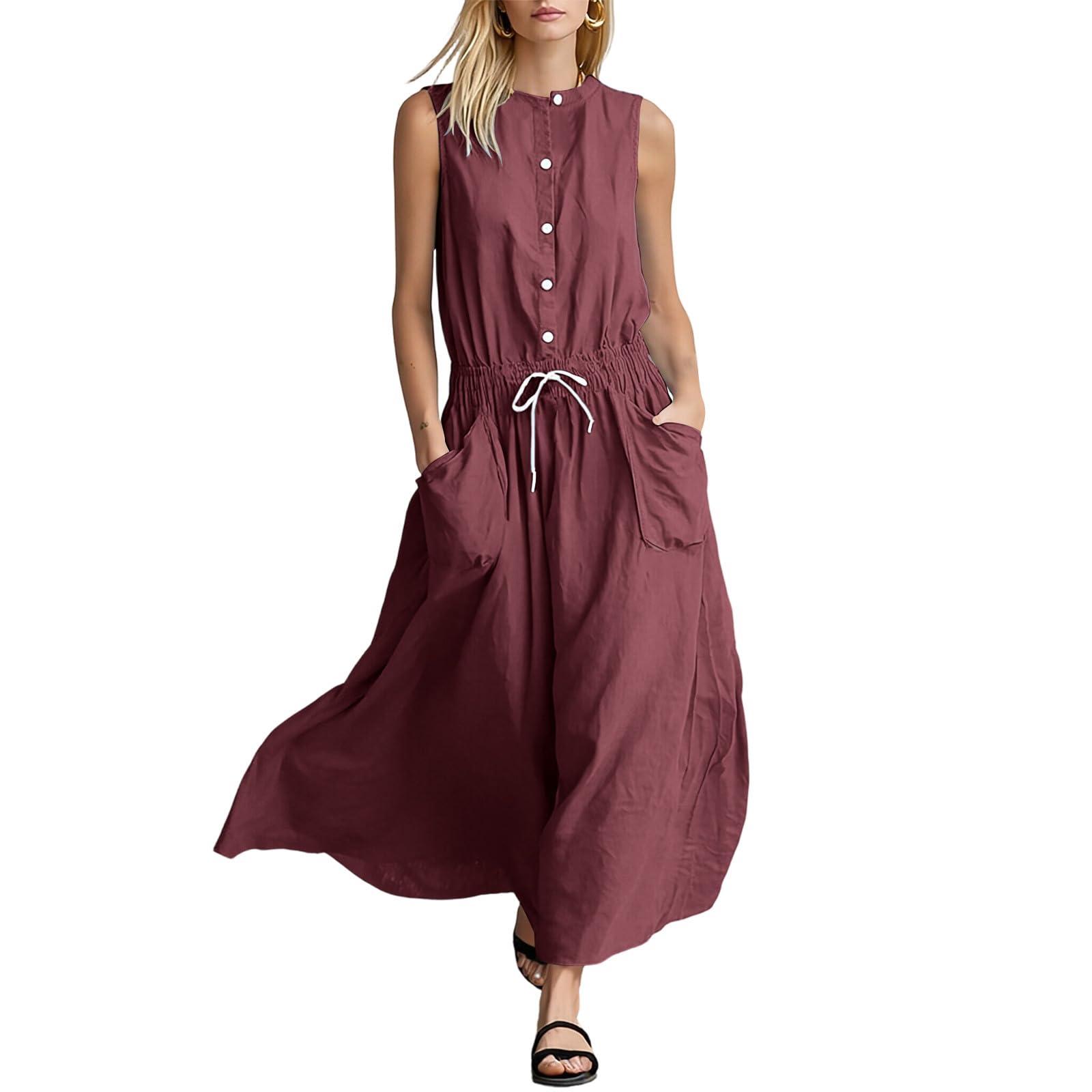 

Women s Summer Fashion Round Neck Drawstring Belt Pocket Button Bohemian Vacation Beach Dress XL винний