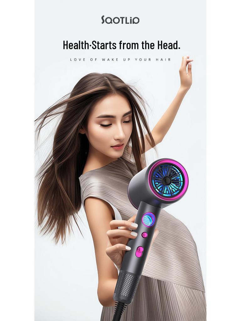 High-Power Hair Dryer with Temperature Display, 6 Levels, Hot & Cold Wind, Negative Ion Technology.