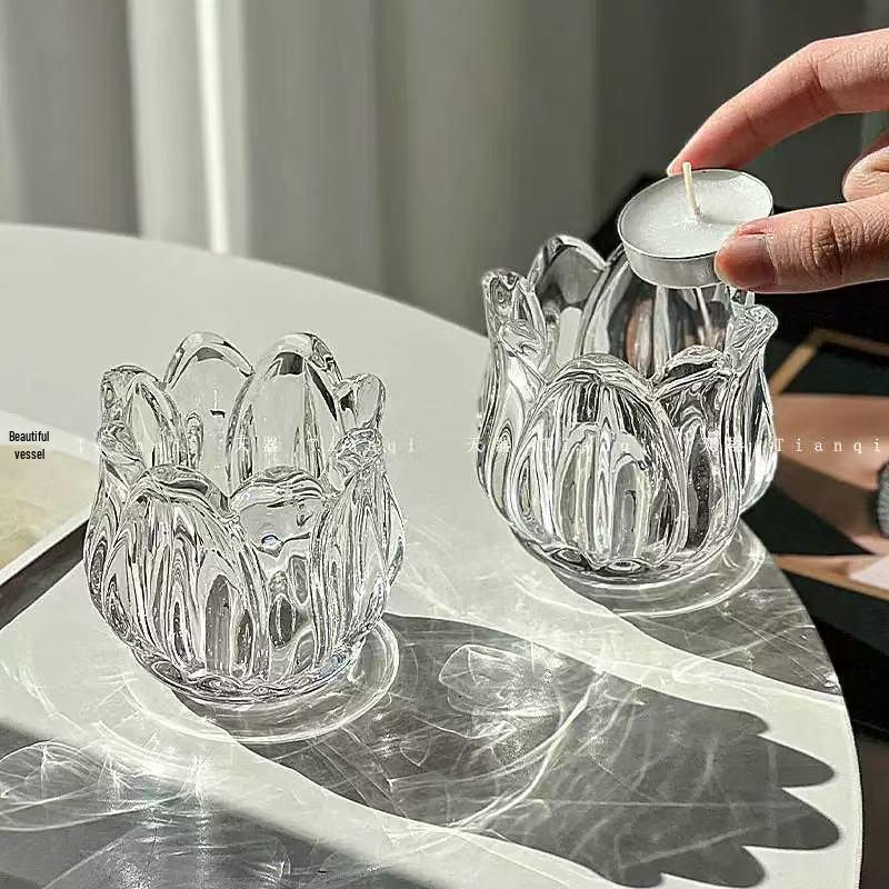 Tulip Glass Aroma Candle Holder with Lotus Stand - Retro Design