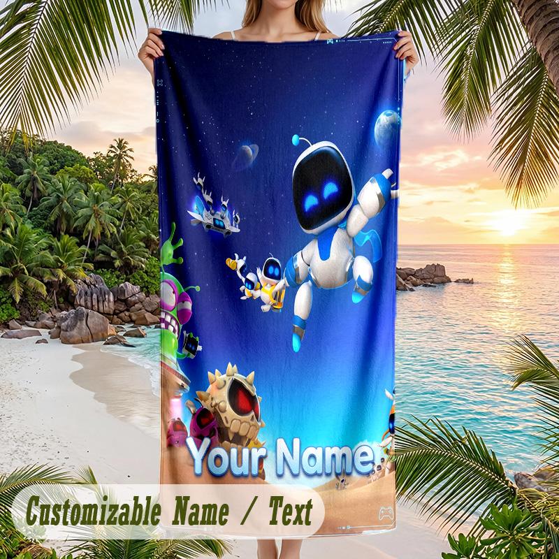Astro Bot Beach Towel, Personalized Custom Text, Quick Dry Soft Large Towel For Swimming Pool Travel