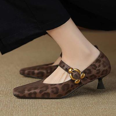 Sheep Skin Summer Spring Autumn Stiletto Med Heels Leopard Women Square Toe Metal Decoration Shallow Pumps