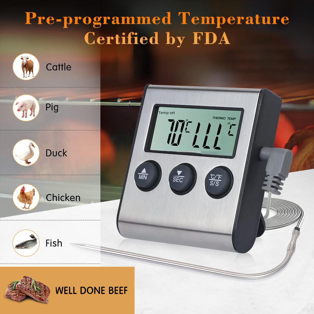 Professional Digital Kitchen Thermomete Cooking Meat Food Thermometers with Alam,Timer 304 Stainless Steel Probe for BBQ,Liquids