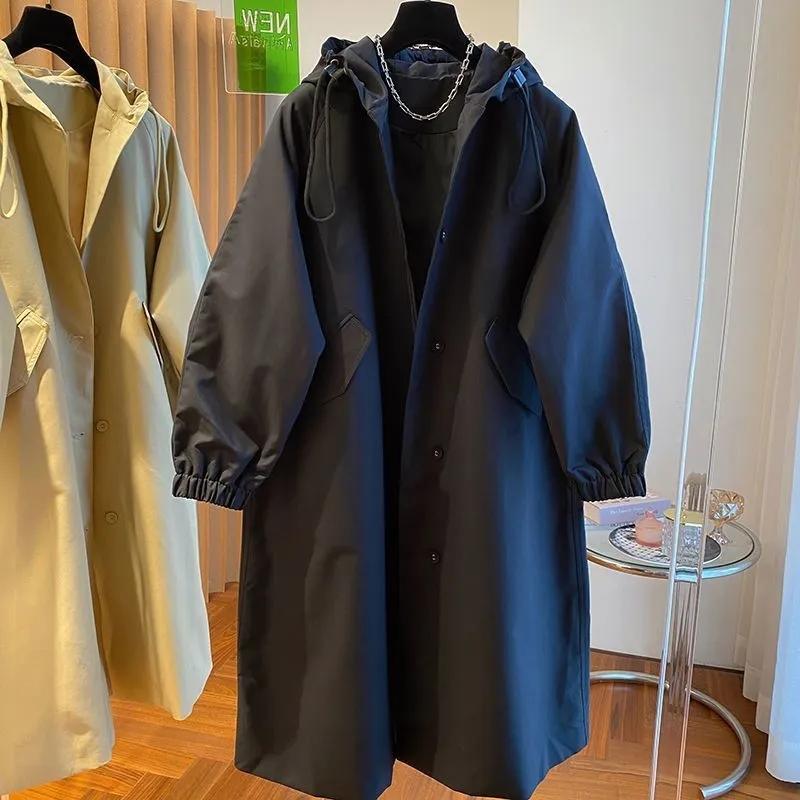 Spring Autumn Long Trench Coat Female Casual Windbreak Jacket Women's Hooded Drawstring Overcoat Windbreaker Ladies Tops