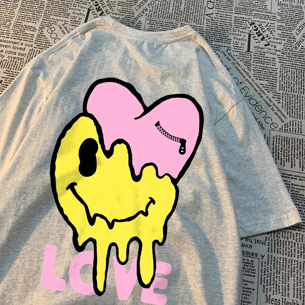 Melting Happy Face And Hurting Heart T-Shirts Couple Breathable O-Neck Tshirt Loose Clothes Oversized Summer T-Shirts Cotton Tee