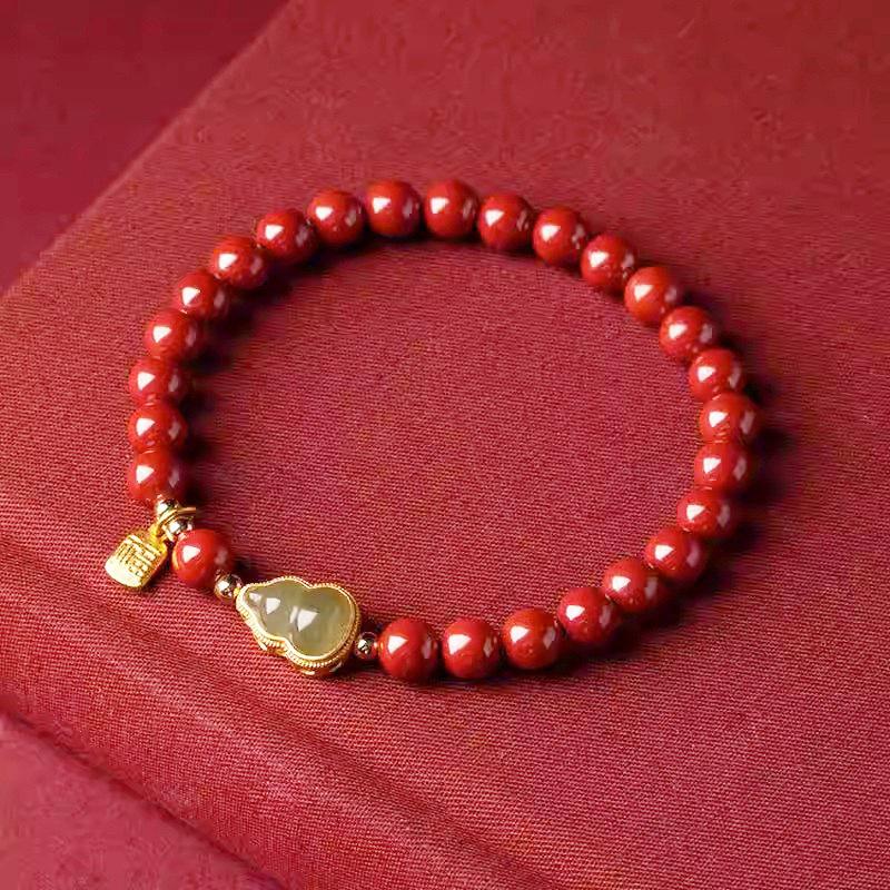 Lucky Imitation of Hotan Jade Cinnabar Red Gold Color Bead Natural Stone Beaded Bracelet for Women Bracelet Party Good Luck Gift