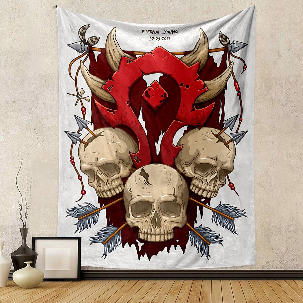 A Red Tribal Crest with Horns, Skulls, Arrows, and a Blood-red Backdrop. Patterned Tapestry for Bedroom and Living Room Home Decor