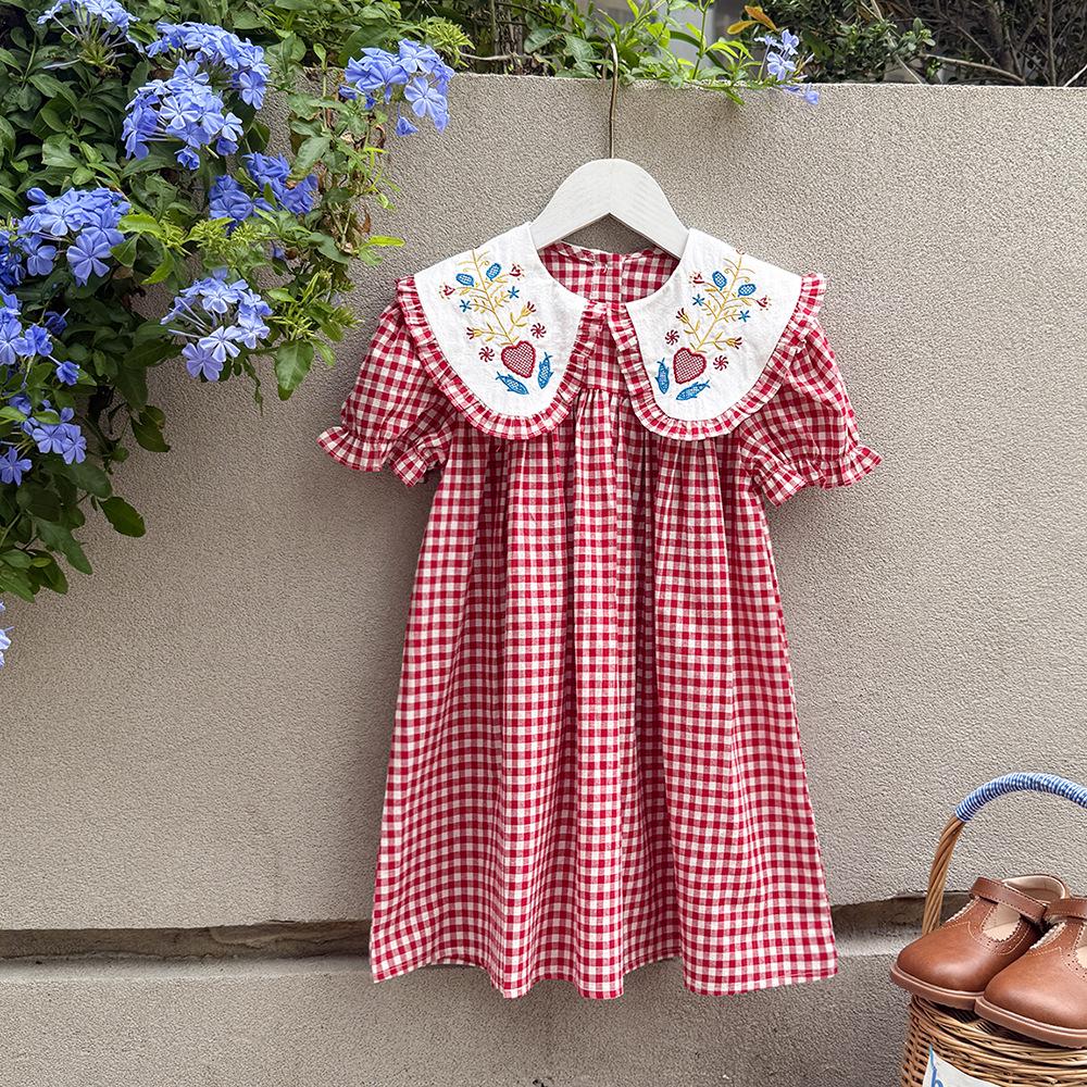 French Doll Collar Floral Embroidery Girls' Dress, Red Plaid, Short Sleeve, Sweet Summer Style