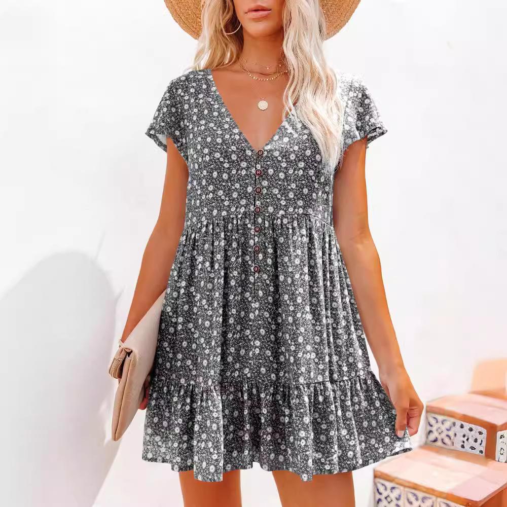 Europe, America, Spring and Summer V-neck Button Small Floral Short-sleeved Loose Casual Dress Women's Clothing