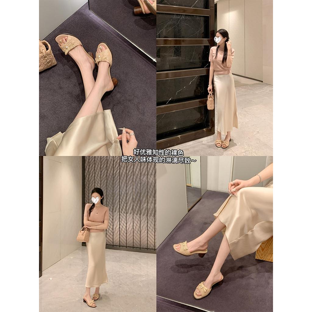 Sheepskin pearl bow high-heeled slippers women's thick heel embroidered thread open-toed cool slippers outer wear summer