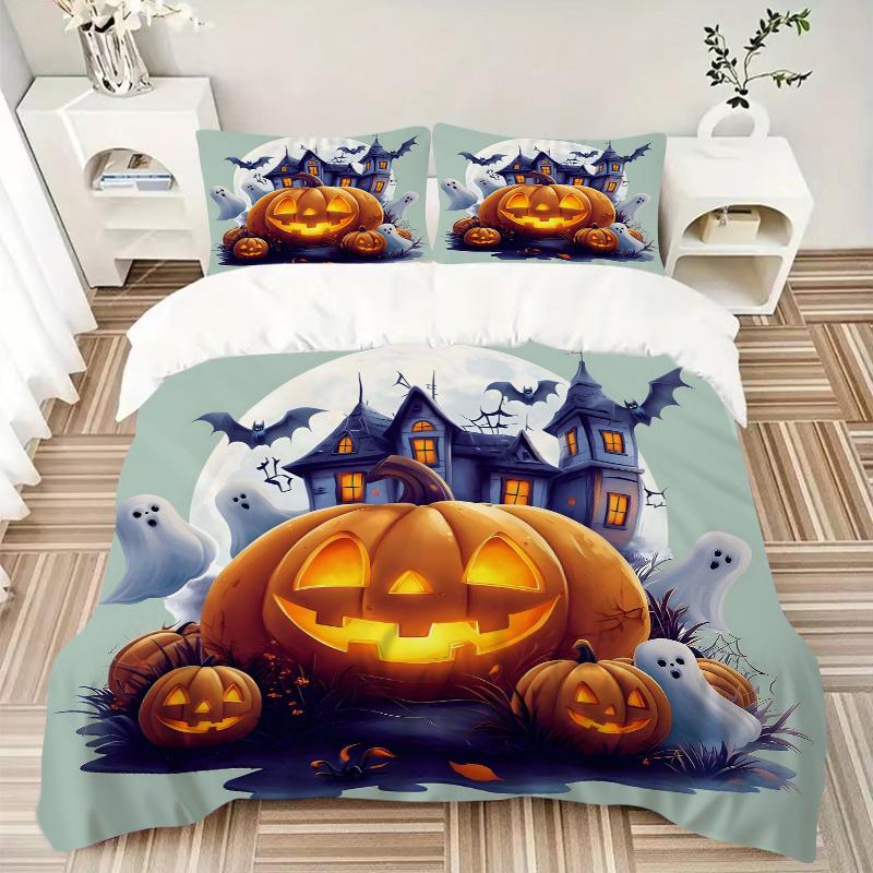 3pcs Pumpkin Halloween Printed Duvet Cover Set (1 * Cover+2 * Pillowcase, Without Core), Suitable for Home Bedroom, Guest Room, Dormitory Decorat