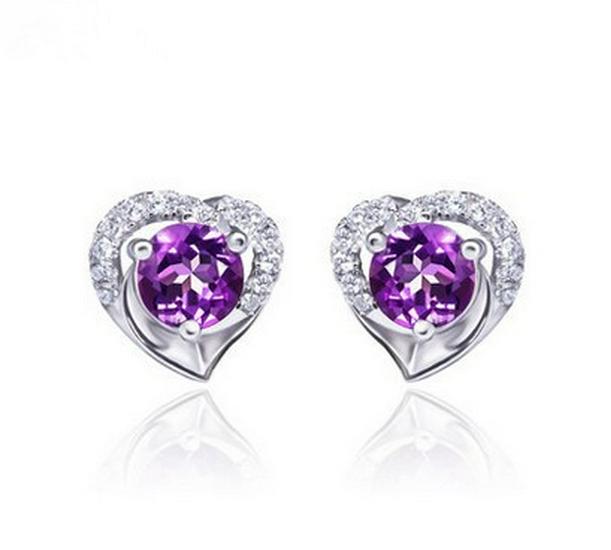 Zhenrong Silver-Plated Heart-Shaped Amethyst Imitation Stud Earrings for Women – Anti-Allergy Korean Style Jewelry