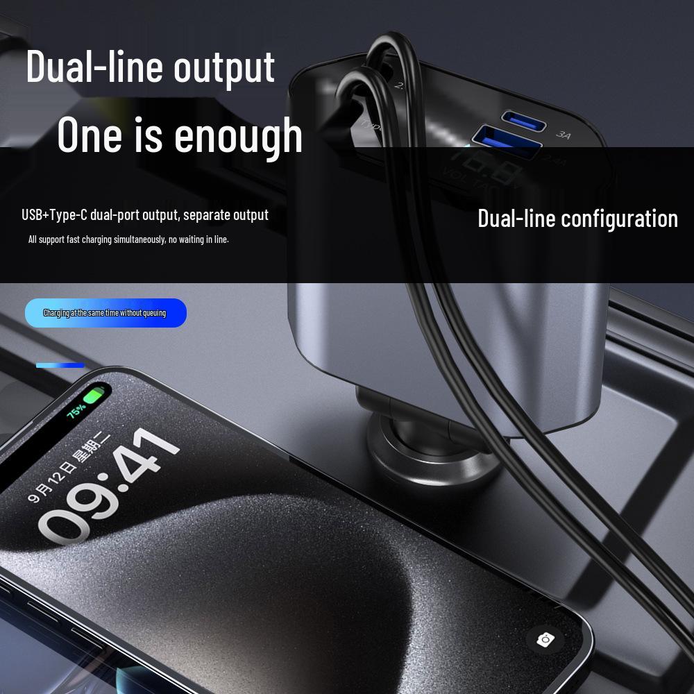 120W Super Fast Car Charger: Flash Charge, Retractable Cable, 4-in-1 Cigarette Lighter.