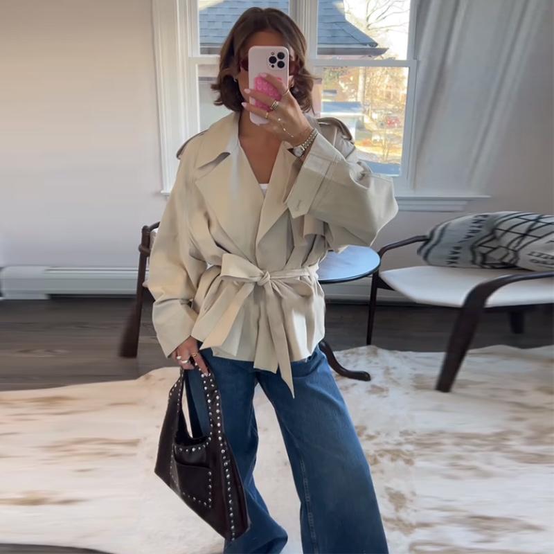 Cardigan cu rever și cordon, jachetă de vânt pentru femei, largă, rezistentă la vânt, cu mâneci lungi, pentru navetă, îmbrăcăminte exterioară, stil retro britanic, toamnă 2025