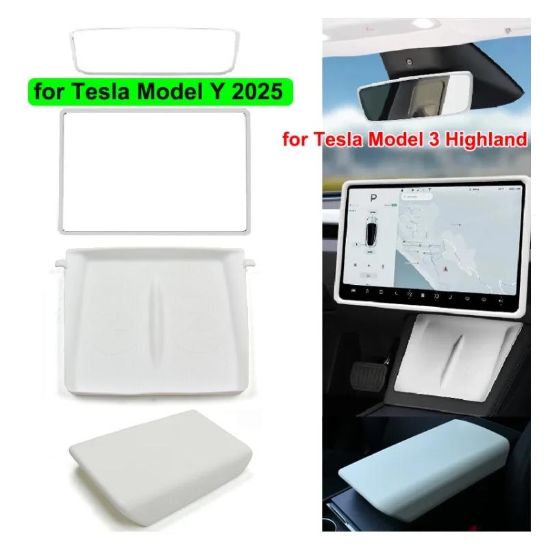 Für Tesla Model 3 Y Juniper Highland 2025 Mittelkonsolen-Armlehnenpolster Kabellose Ladefläche Bildschirm Rückspiegel Schutzrahmen