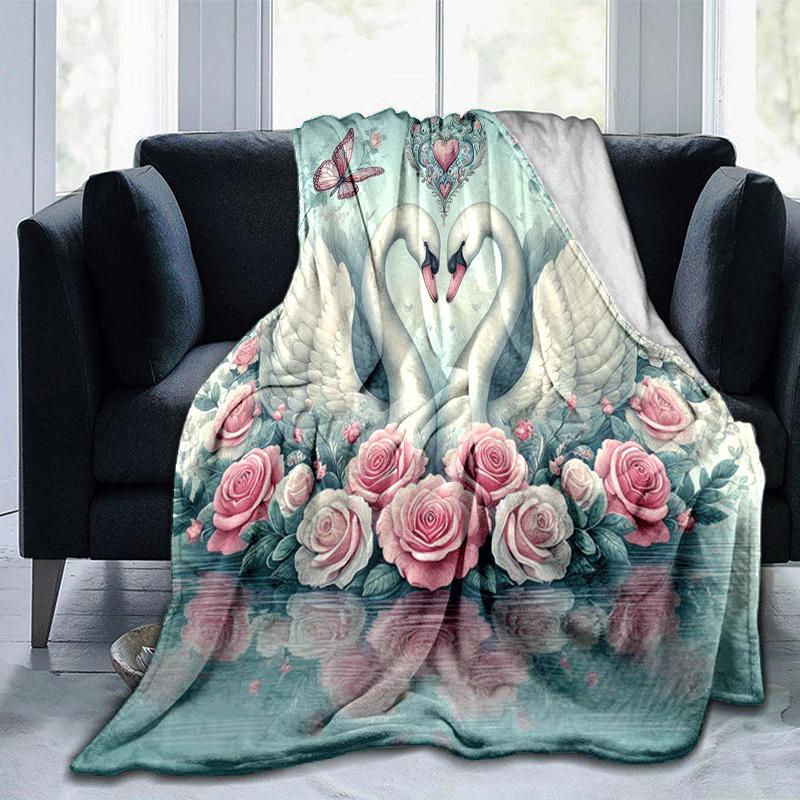 1pc Swan Printing Lightweight Flannel Blanket, Comfortable and Warm Blanket, for Camping Sofa Bed and Couch Office, Suitable for Gift Blanket