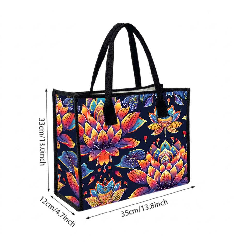 Vibrant Lotus Print Tote Bag Casual Daily Use Large Capacity Handbag for Shopping Travel