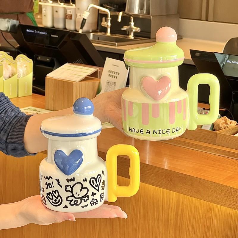 High-value design mug, niche ceramic cup with lid, girls' birthday gift, large-capacity milk coffee cup