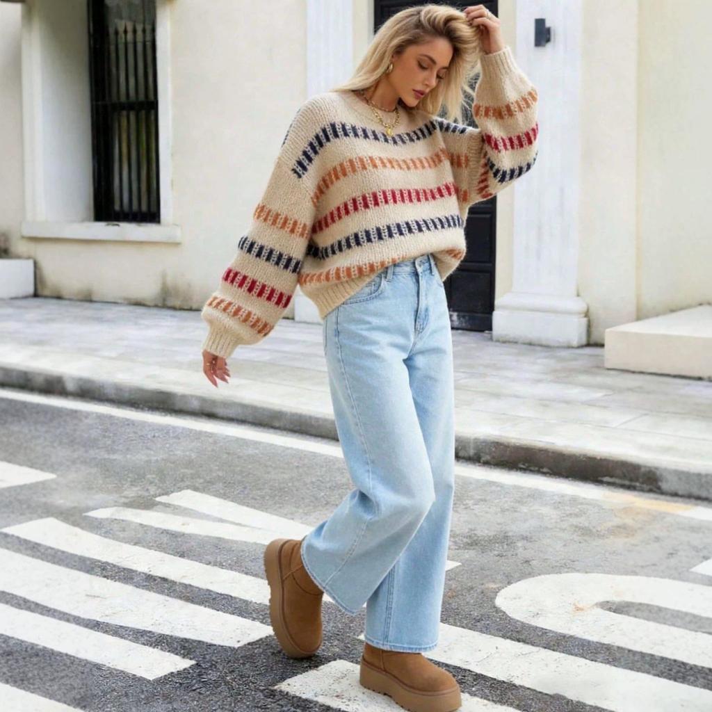 Wish Spring Women's Off-White Striped Loose Knit Round Neck Sweater
