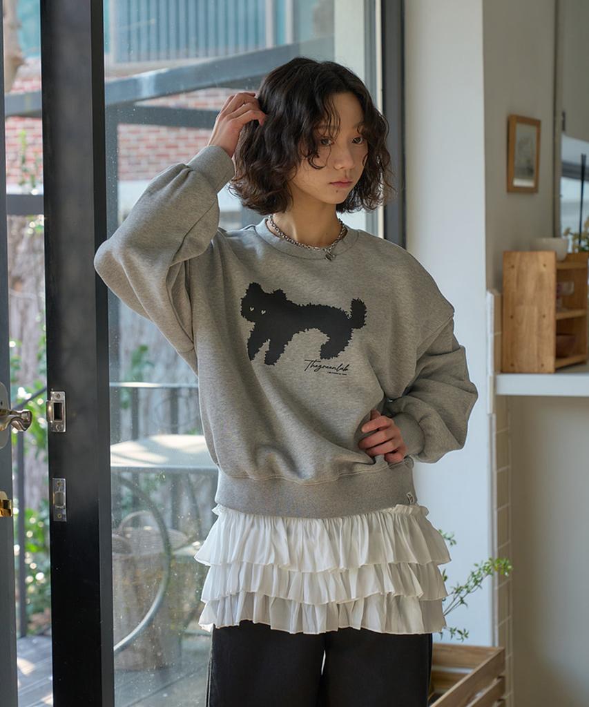 THE GREEN LAB Lovely Cat Crop Sweatshirt [Melange Gray]