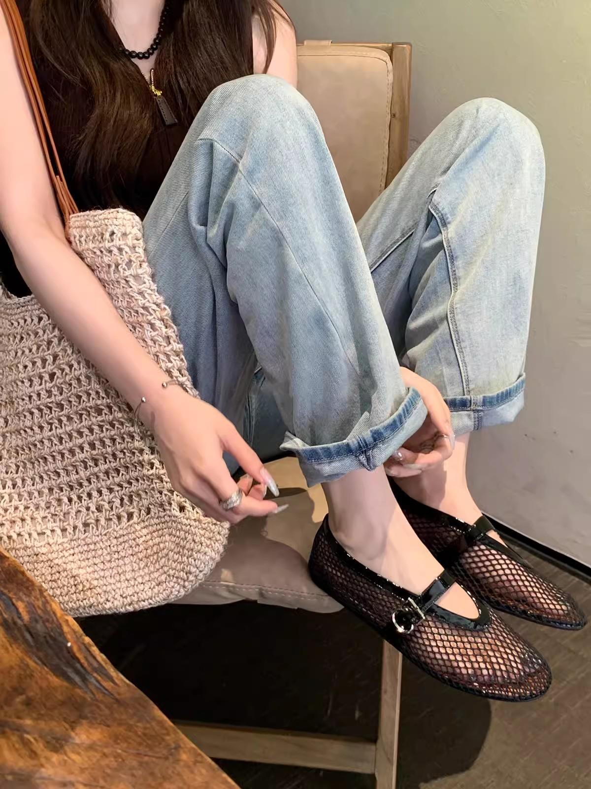 

Sheepskin version~ Grape mother, the same sparkling rhinestone one-word buckle with shallow mesh yarn, summer Mary Jane shoes women s single shoes 40