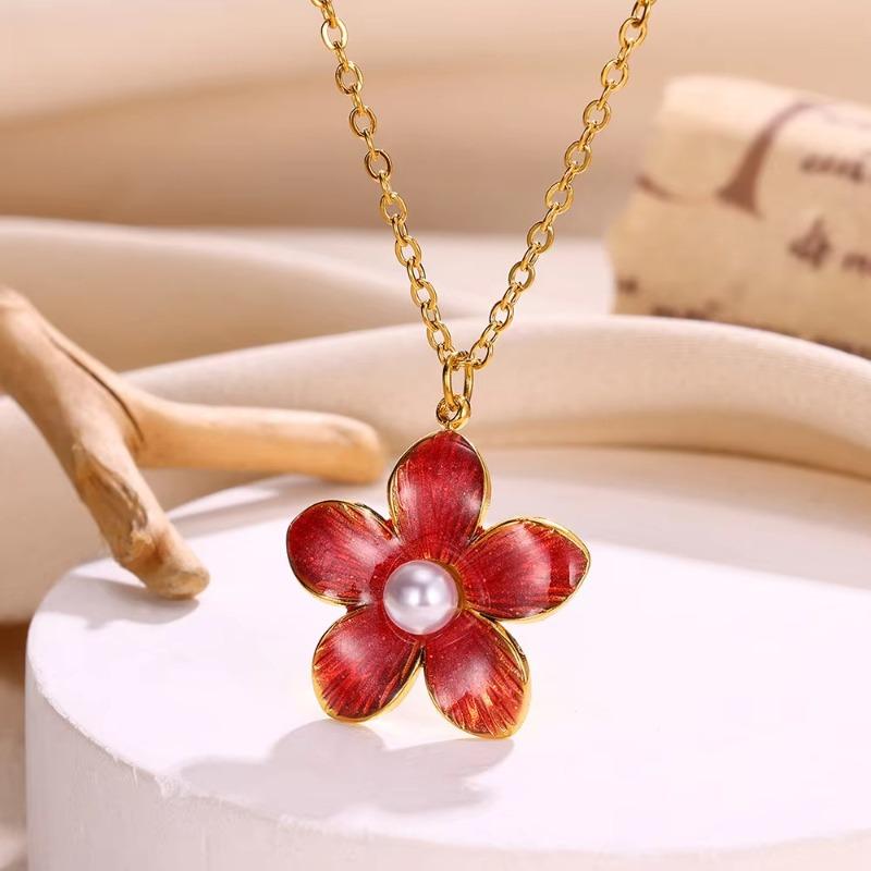 Small Fresh Titanium Steel Non-fading Dripping Pearl Pendant Colored Flower Necklace Sweet Cool Style Jewelry