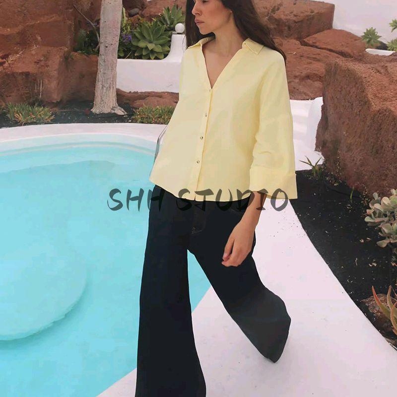 Summer New Product Women's Clothes Minimalist V-Shaped Lapel Linen Blended Plaid Wide Sleeve Lapel Shirt 2340712