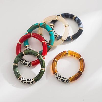 Bracelet Élastique Géométrique Imprimé Léopard en Résine Marbrée Rétro