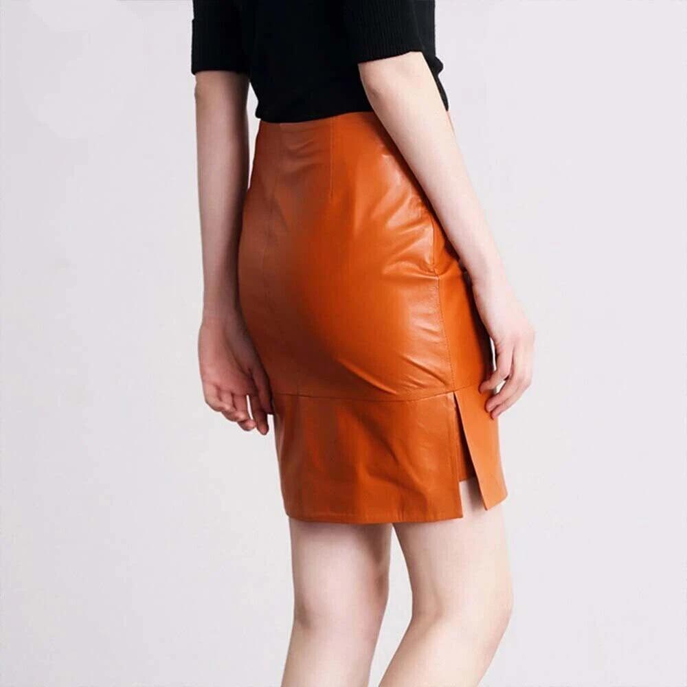 Formal Skirt Genuine Wear Women's Lambskin Leather Party Orange Handmade Casual