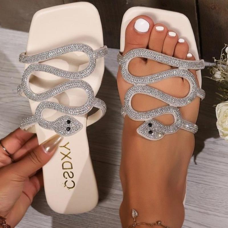 Fashion Fashion Plus Size Woman Shoe 2025summer New Square Flat Shoes Simple Versatile Women Rhinestone Slippers Anti Slip Women Sandals