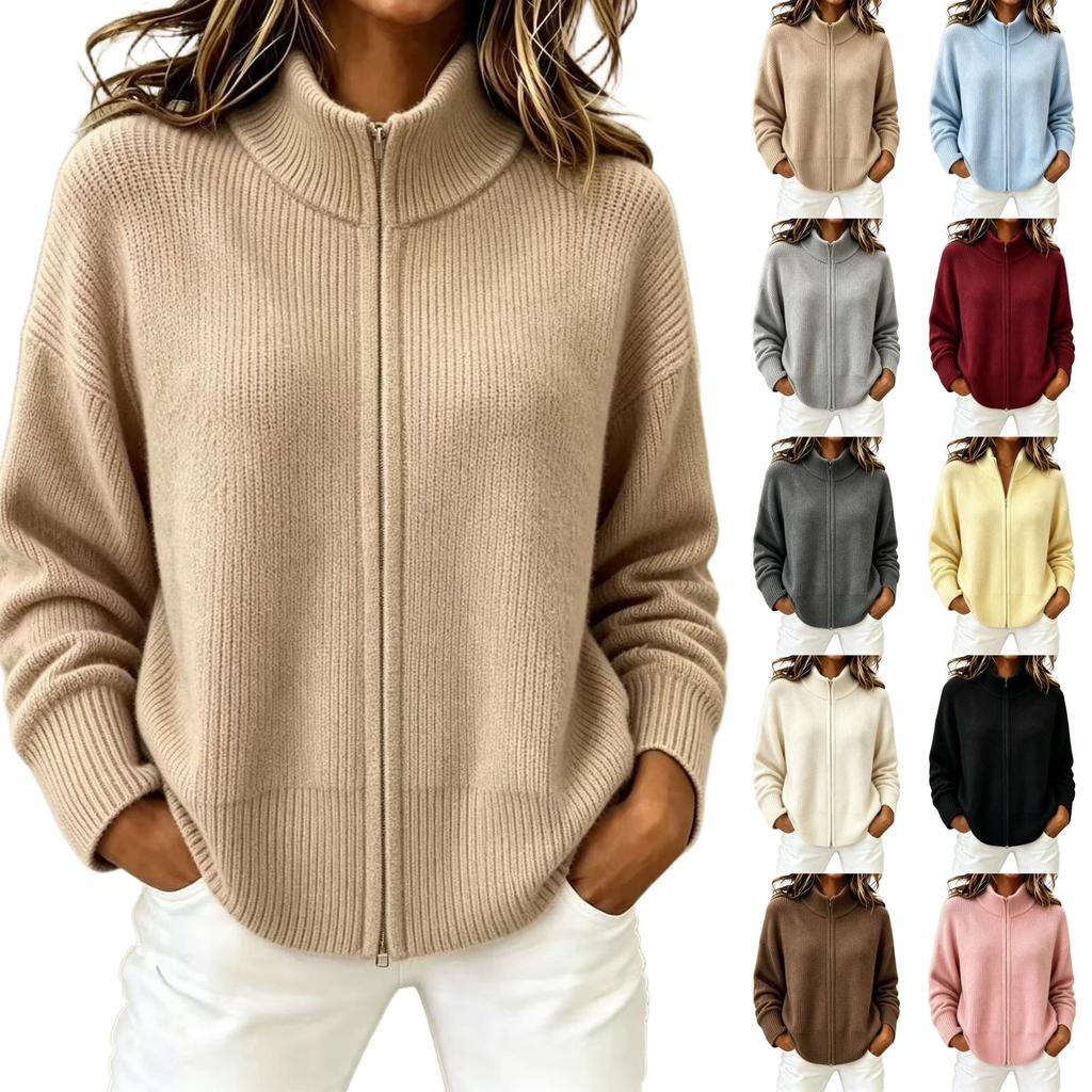 Women's Color Ribbed Knit Cardigan with Stand Collar and Double Zipper, Loose Fit Long Sleeve Sweater Coat for Fall and Winter