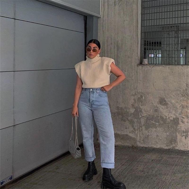 Pevný stojatý golier Pletená vesta s krátkym rukávom Office Lady All Match Fashion Vesta Košeľa Voľné Elegantné rovné topy